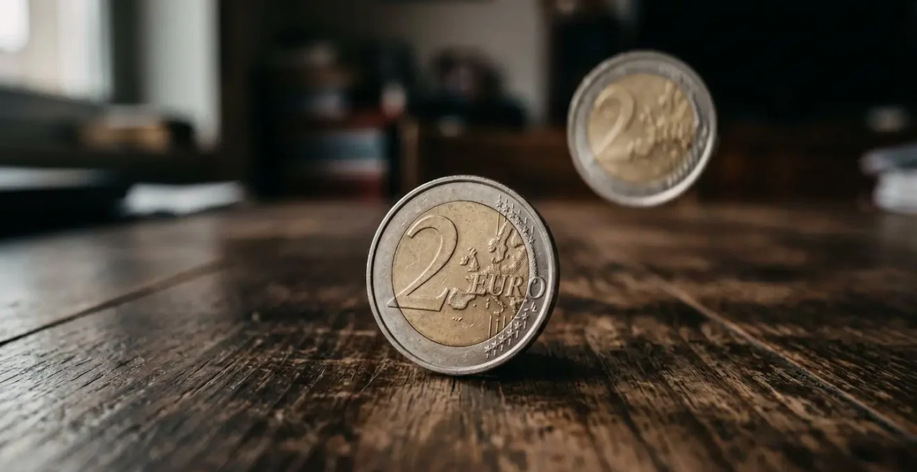 Gros plan sur deux pièces de 2 euros, l'une nette posée sur du bois, l'autre floue en hauteur.