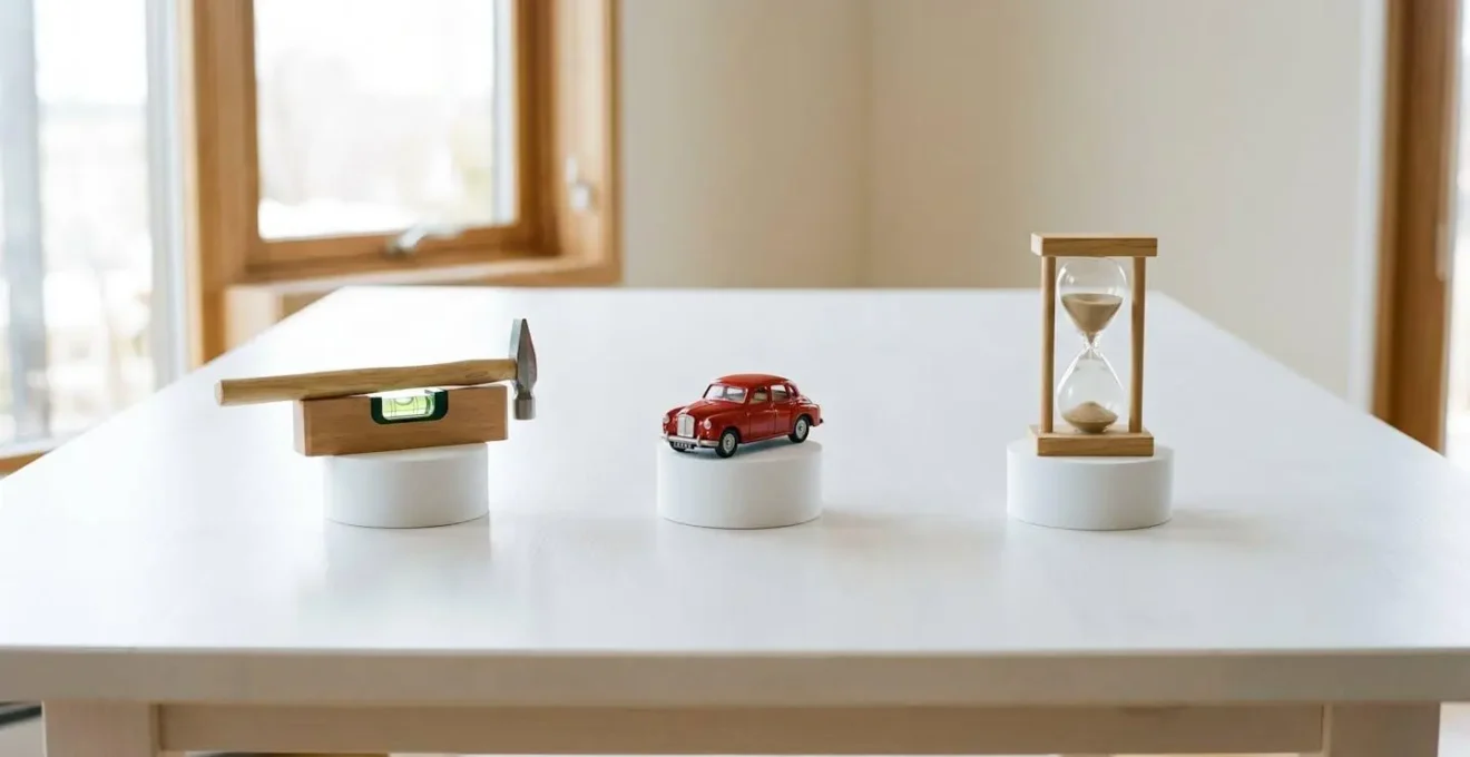 Trois objets alignés sur une table blanche : marteau, petite voiture rouge et sablier sur socles.