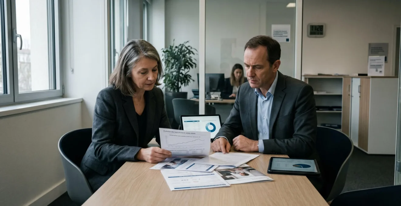 Conseiller bancaire et client en consultation patrimoniale dans un bureau moderne, documents financiers sur la table montrant des graphiques de taux d'intérêt