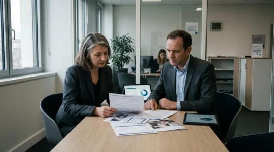 Conseiller bancaire et client en consultation patrimoniale dans un bureau moderne, documents financiers sur la table montrant des graphiques de taux d'intérêt