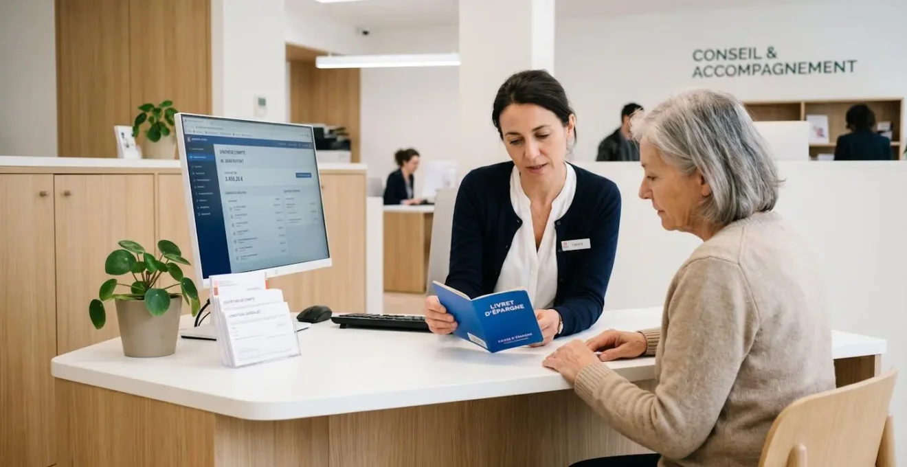 Employé de banque présentant un livret bancaire physique bleu à un client au comptoir d'une agence moderne