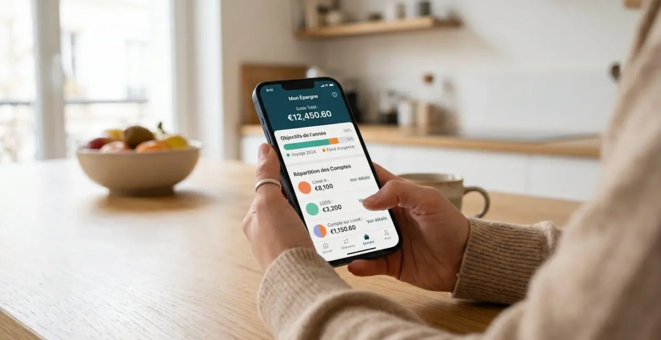 Personne consultant son application bancaire mobile affichant la gestion et répartition de son épargne en français