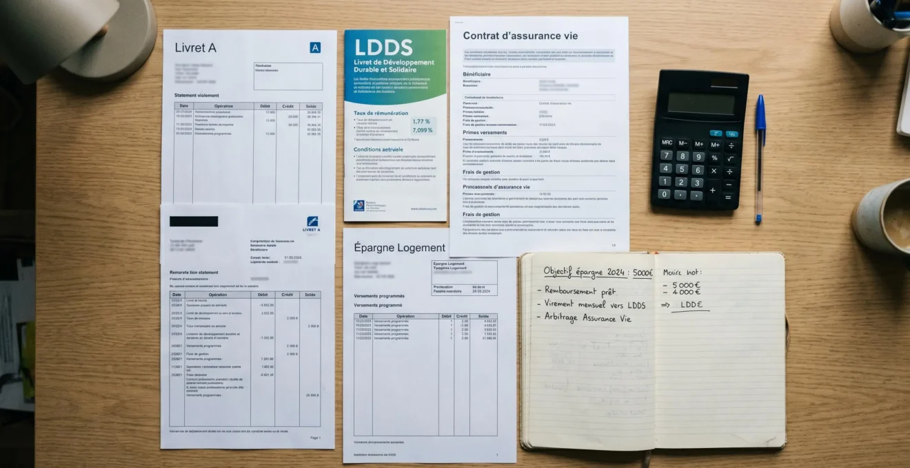 Vue du dessus d'une table de travail avec documents d'épargne français (Livret A, assurance-vie, LDDS), calculatrice et notes manuscrites