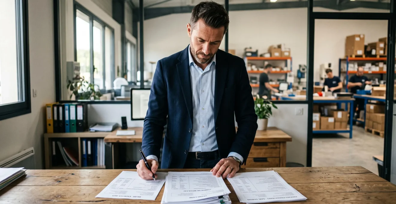 Chef d'entreprise examinant des documents financiers dans son bureau avec vue sur l'activité de l'entreprise