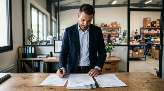 Chef d'entreprise examinant des documents financiers dans son bureau avec vue sur l'activité de l'entreprise