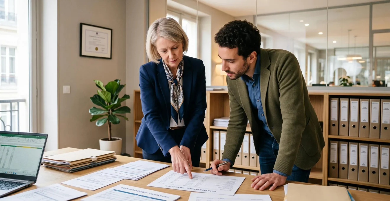 Expert-comptable et chef d'entreprise analysant ensemble des documents financiers dans un cabinet professionnel