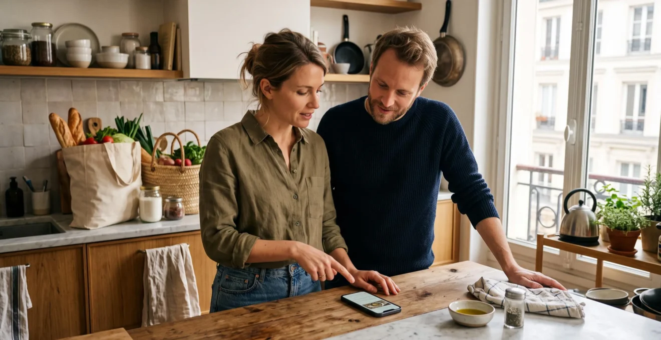 Couple dans une cuisine moderne consultant ensemble un smartphone posé sur le plan de travail, discutant de leurs dépenses communes dans une ambiance quotidienne détendue