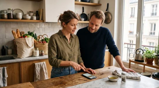 Couple dans une cuisine moderne consultant ensemble un smartphone posé sur le plan de travail, discutant de leurs dépenses communes dans une ambiance quotidienne détendue