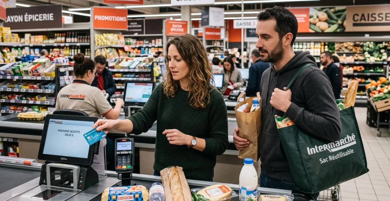 Couple effectuant un paiement par carte bancaire à la caisse d'un supermarché, dans une scène de vie quotidienne