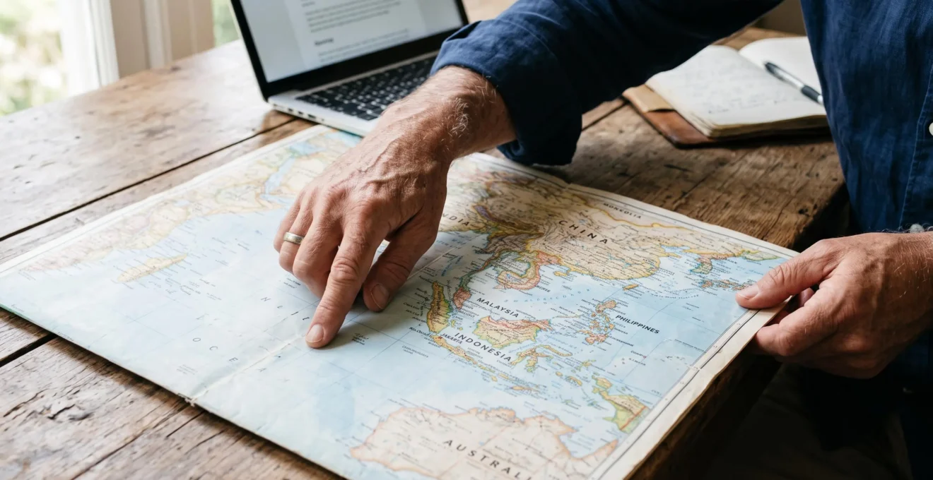 Des mains parcourent une carte du monde posée sur une table en bois.