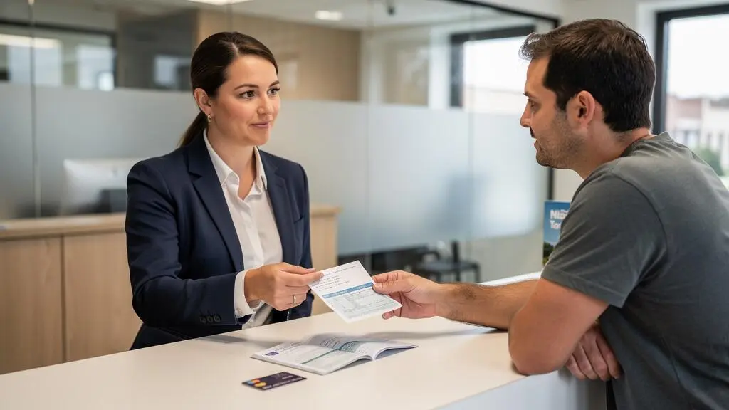 Un conseiller remet un document à un client au guichet d'une banque.
