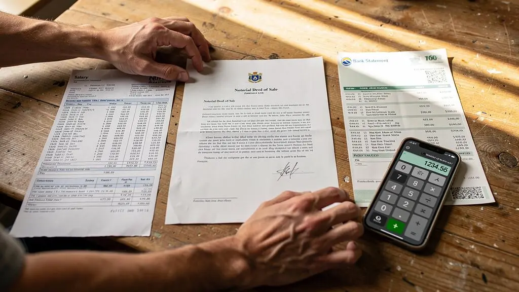 Des mains comparent bulletins de salaire et actes de vente sur une table.