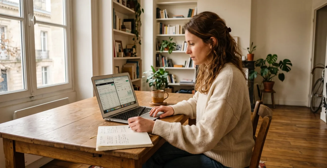 Une femme compare deux interfaces d'investissement sur son ordinateur portable et prend des notes.