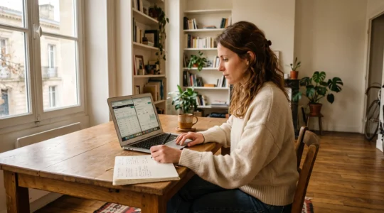 Une femme compare deux interfaces d'investissement sur son ordinateur portable et prend des notes.