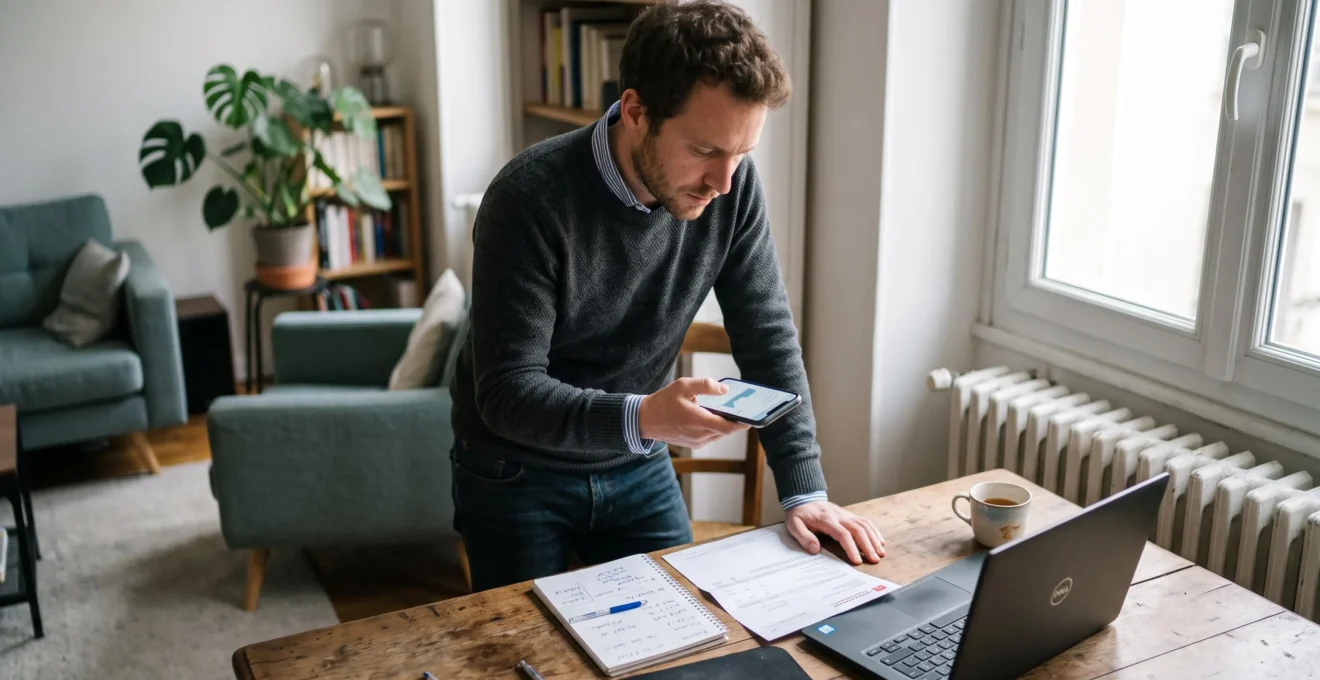 Un homme gère son livret d'épargne depuis chez lui, consultant son application bancaire sur smartphone à côté de relevés papier.