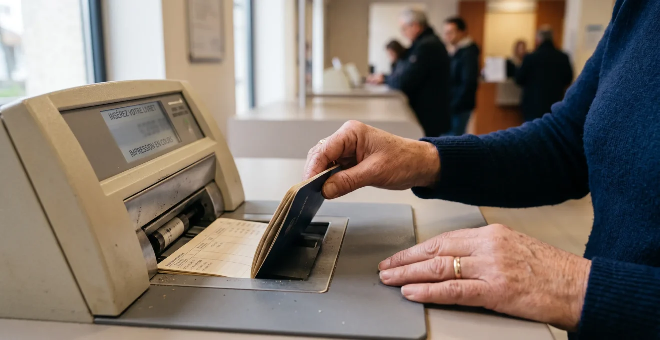 Gros plan sur des mains insérant un livret d'épargne dans une machine de mise à jour en agence bancaire.