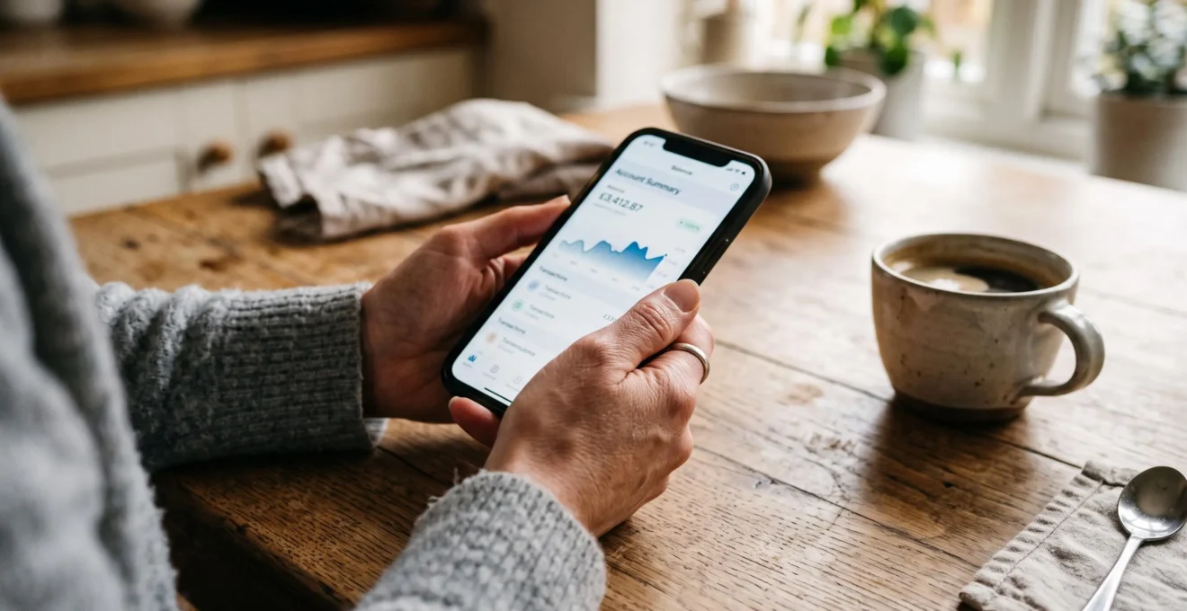 Des mains consultent le solde d'un compte sur un smartphone posé sur une table.