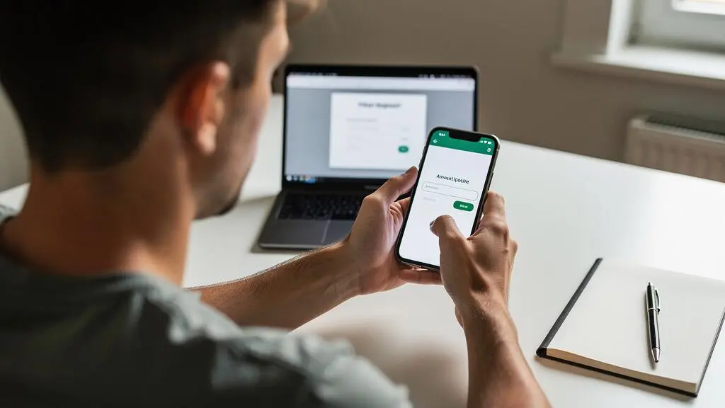 Une personne saisit un premier versement dans une application mobile à son bureau.